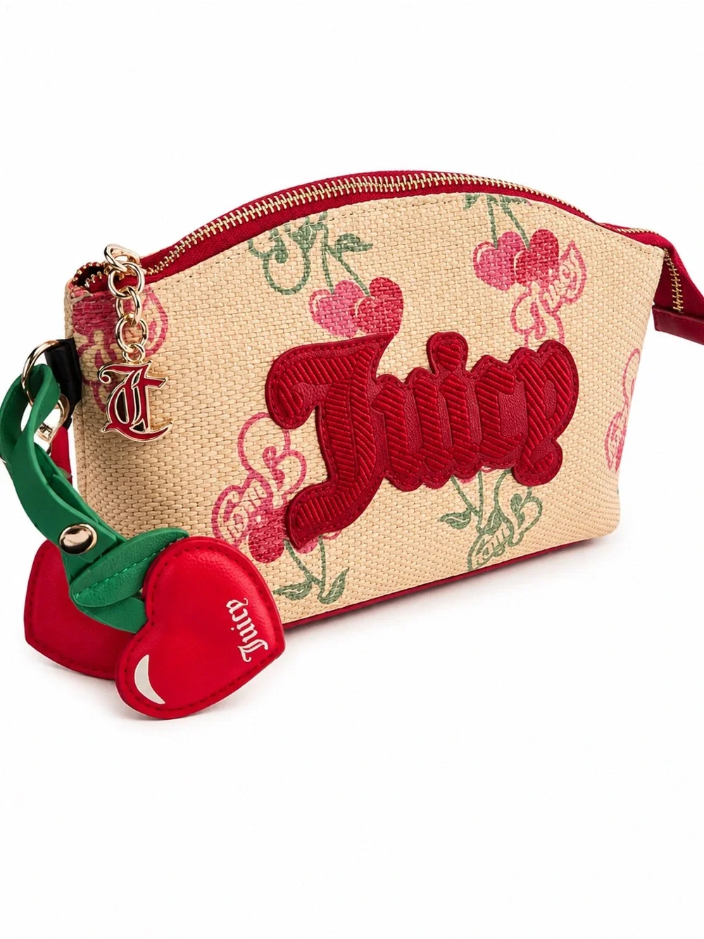 Juicy Couture Cherry Print Woven Wristlet Pouch Heart Charm NWT Y2K Coquette